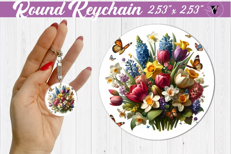 Round keychain sublimation | Spring flowers