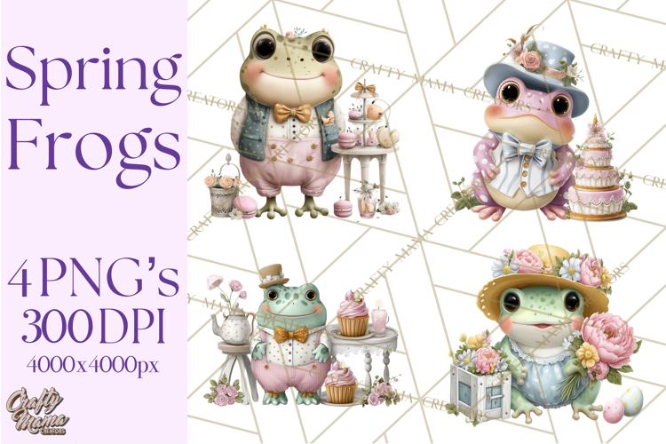 Easter Frogs in Fancy Fits, Cute Spring Clipart Png