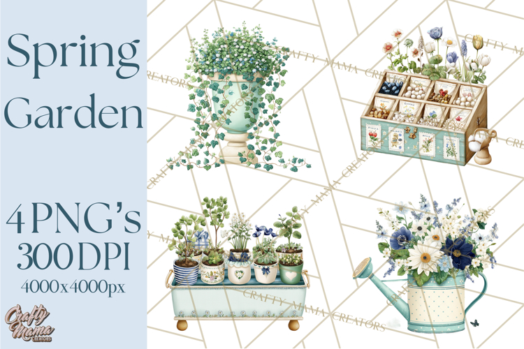 Spring Garden Clipart, Watering Cans, Flower Pots, Gardening