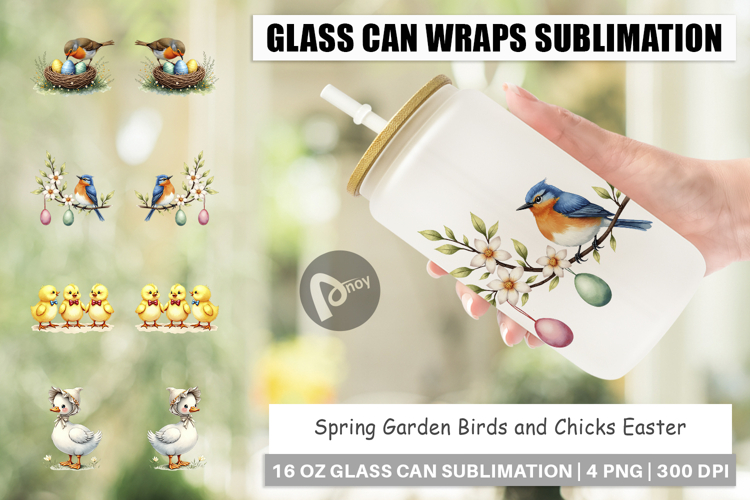 Spring Garden Birds Easter Glass Can