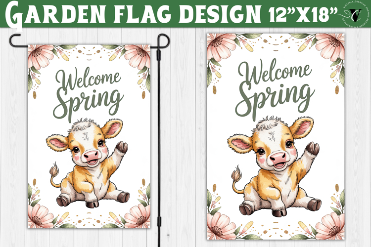 Spring Garden flag | Funny cow and flowers Yard Flag