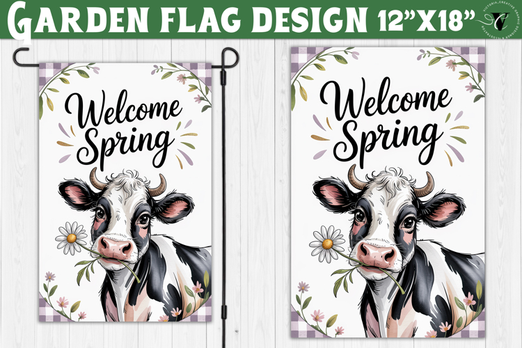 Spring Garden flag | Funny cow and flowers Yard Flag