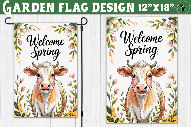 Spring Garden flag | Funny cow and flowers Yard Flag