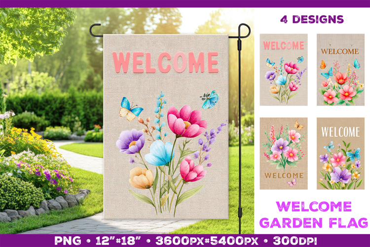 Spring Garden Flag Sublimation Design with Watercolor Flower