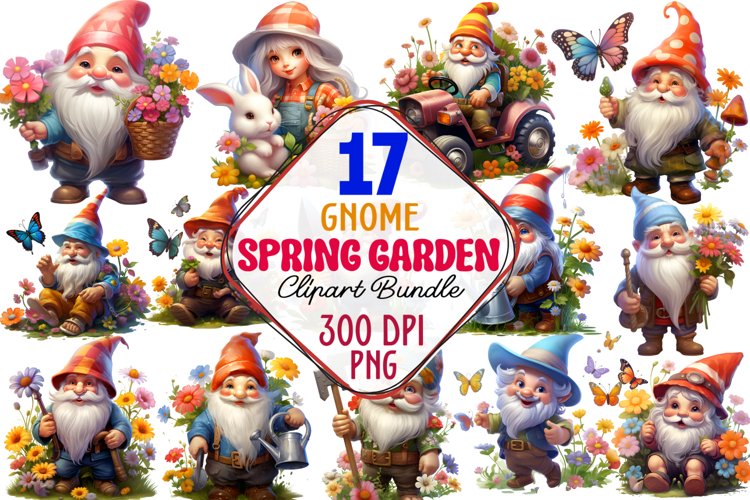 Spring Garden Gnome Clipart Bundle, Garden Watercolor