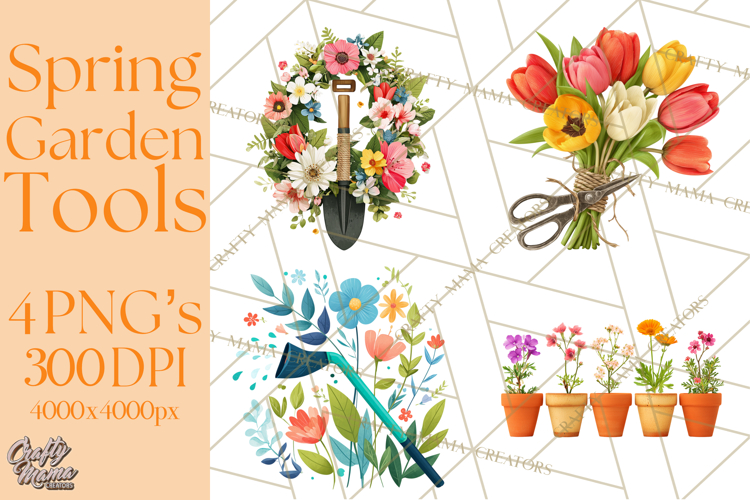 Spring Garden Tools and Floral Gardening Clipart PNG