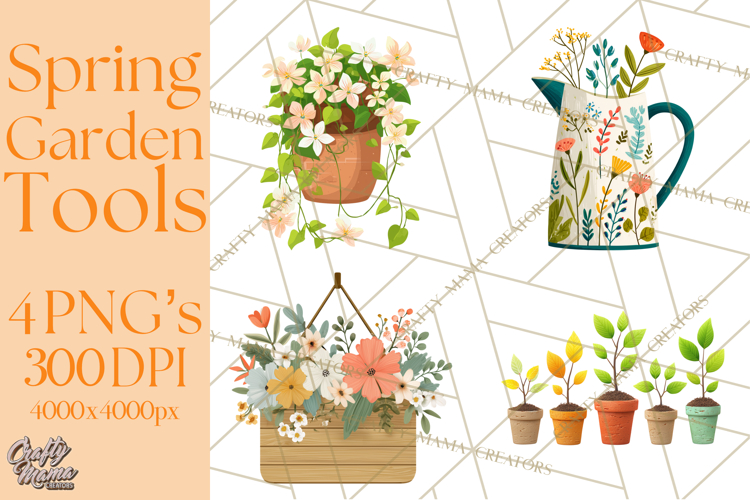 Spring Garden Tools and Floral Gardening Clipart PNG