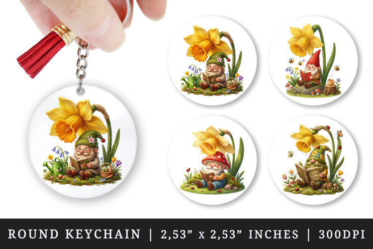 Spring Gnome round keychain pintable sublimation design png