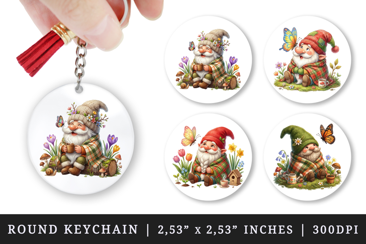 Spring Gnome round keychain pintable sublimation design png