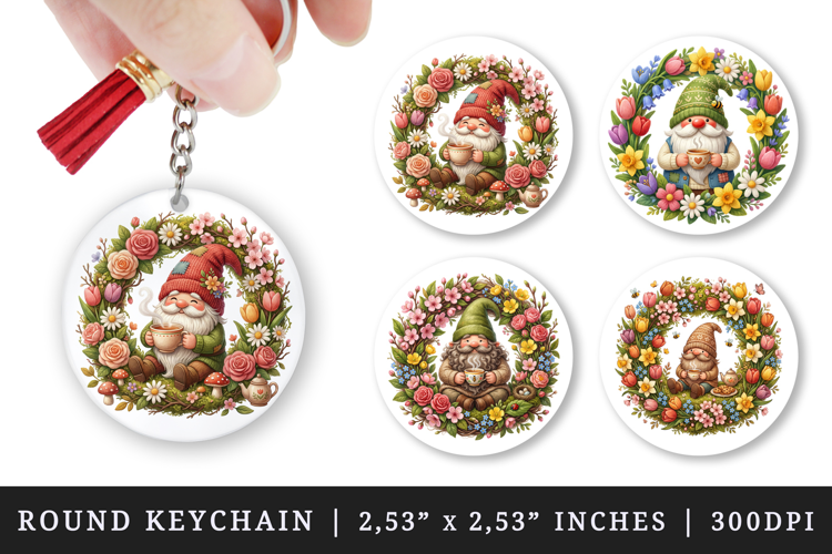 Spring Gnome round keychain pintable sublimation design png