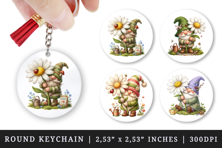 Spring Gnome round keychain pintable sublimation design png