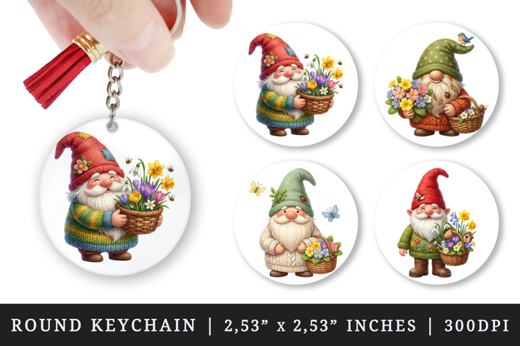 Spring Gnome round keychain pintable sublimation design png