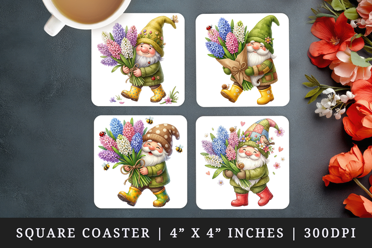 Spring Gnome square coaster sublimation, coasters design
