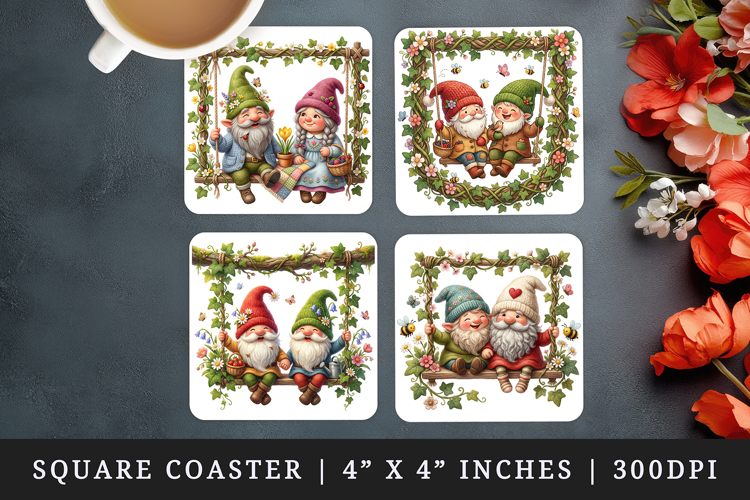 Spring Gnome square coaster sublimation, coasters design