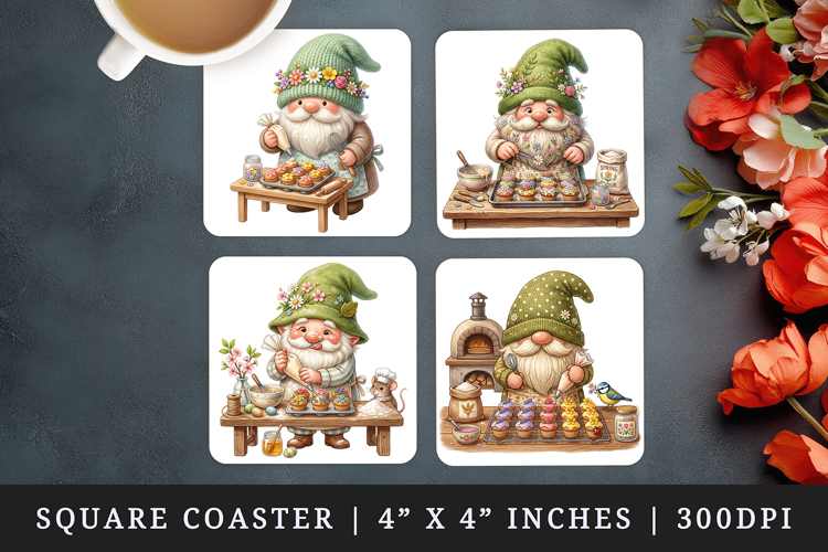 Spring Gnome square coaster sublimation, coasters design
