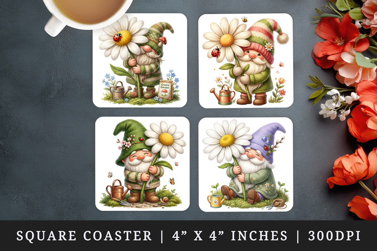 Spring Gnome square coaster sublimation, coasters design