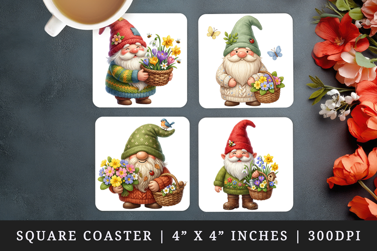 Spring Gnome square coaster sublimation, coasters design