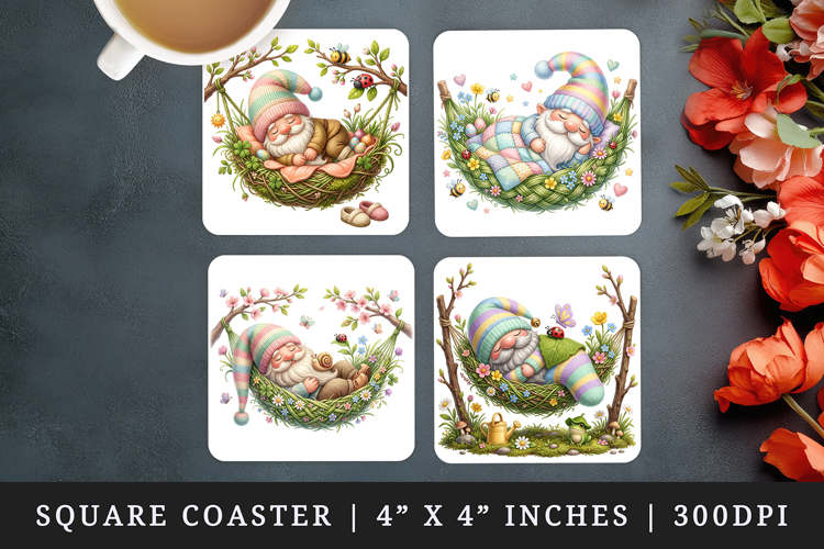 Spring Gnome square coaster sublimation, coasters design