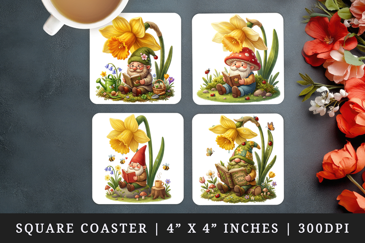 Spring Gnome square coaster sublimation, coasters design