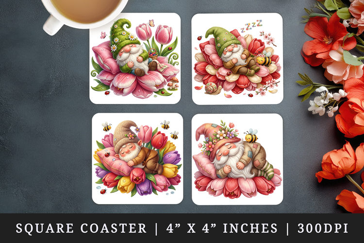 Spring Gnome square coaster sublimation, coasters design