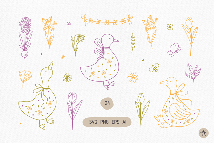 Cute Easter Goose SVG Cut Files, Spring Flower PNG Cliparts