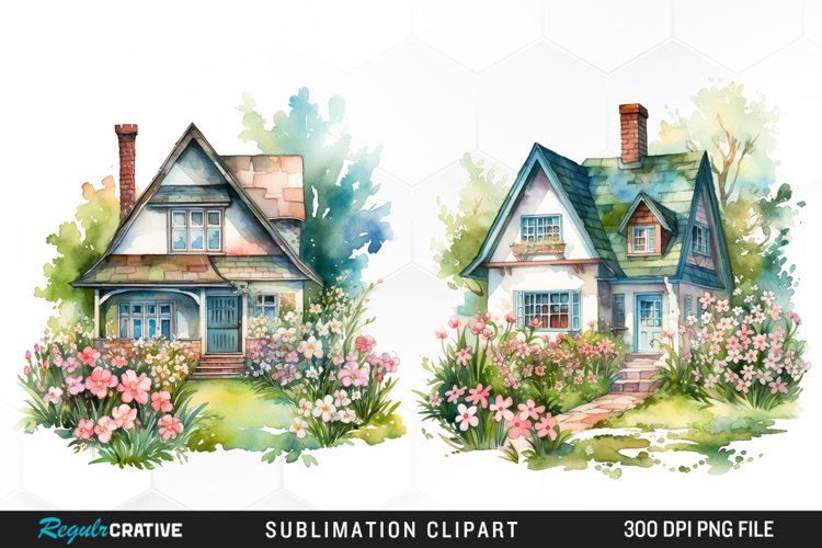 Watercolor Spring Houses Set Clipart