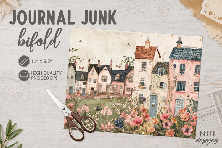 Cottage Village Bifold floral vintage houses scrapbook page