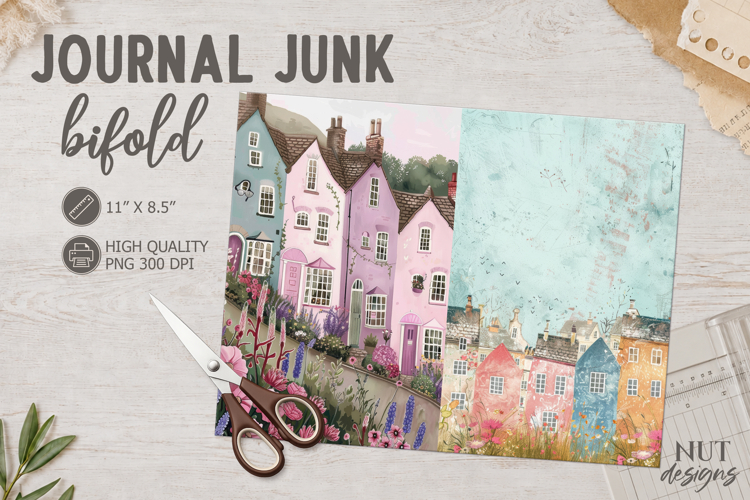 Cottage Village Bifold floral vintage houses scrapbook page