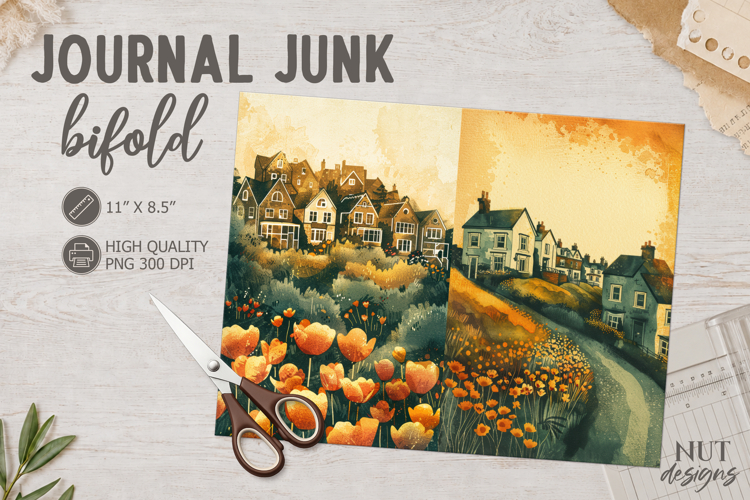 Cottage Village Bifold floral vintage houses nostalgic