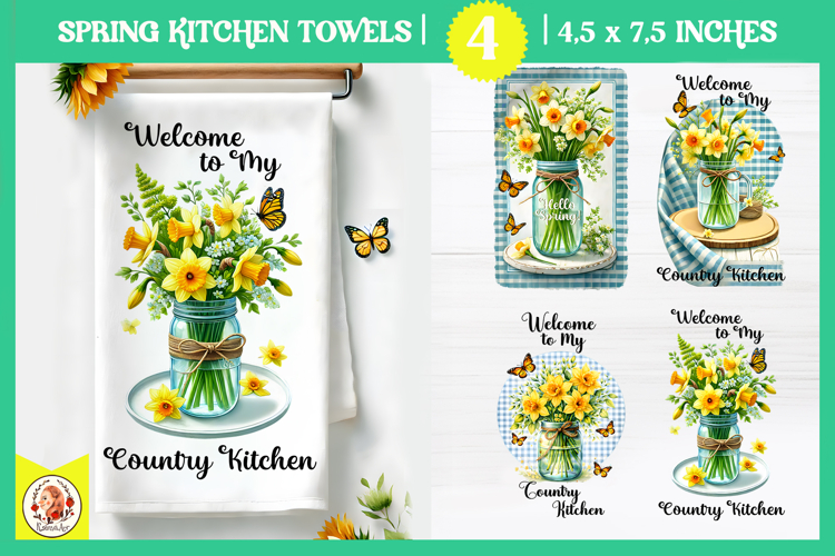 Country Spring Kitchen Towel,Spring Flowers Yellow Daffodils