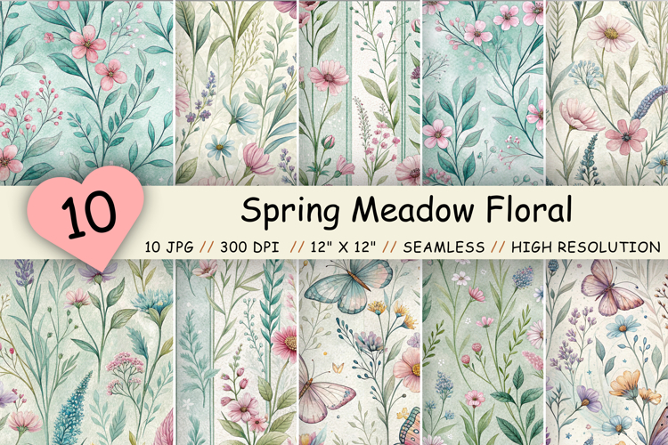 Spring Meadow Floral Seamless Pattern, Watercolor Wildflower