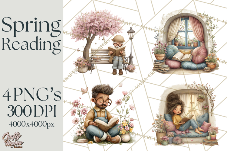 Spring Reading Clipart, Cozy Book Lovers PNG