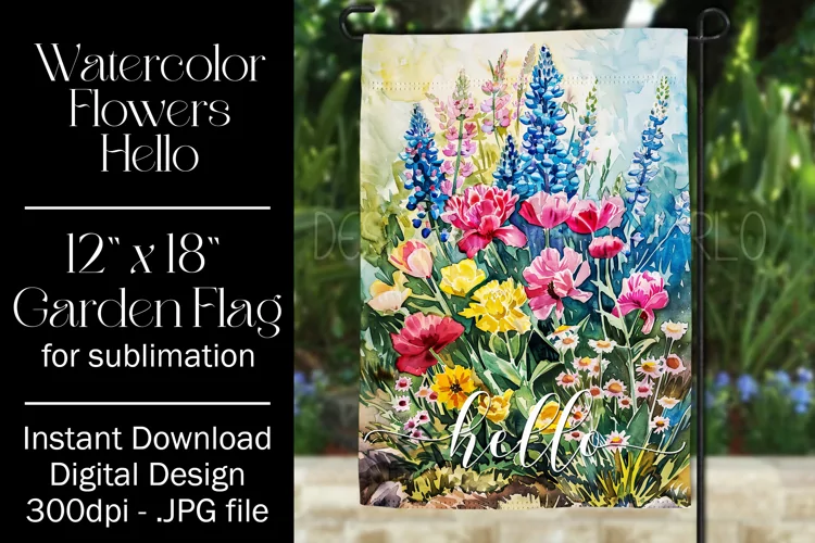 Floral Garden Flag, Watercolor Flowers Hello Garden Flag 1