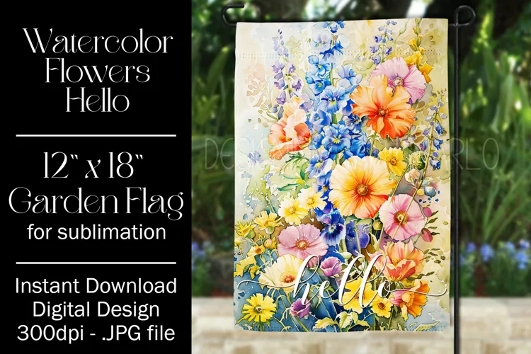 Floral Garden Flag, Watercolor Flowers Hello Garden Flag 2