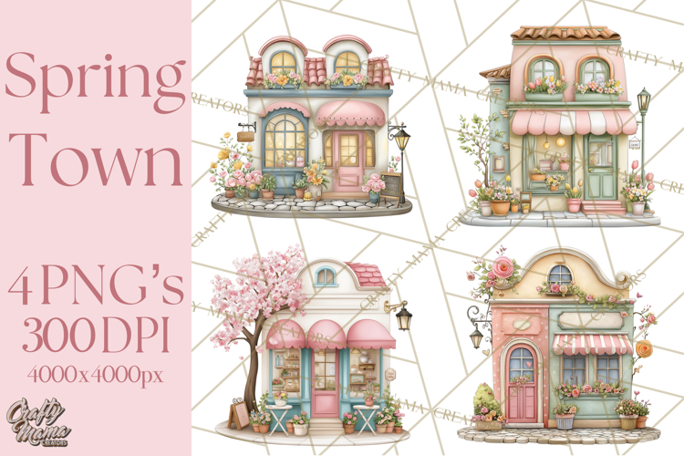 Watercolor Spring Town Clipart, Whimsical Pastel Village