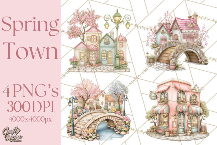 Watercolor Spring Town Clipart, Whimsical Pastel Village