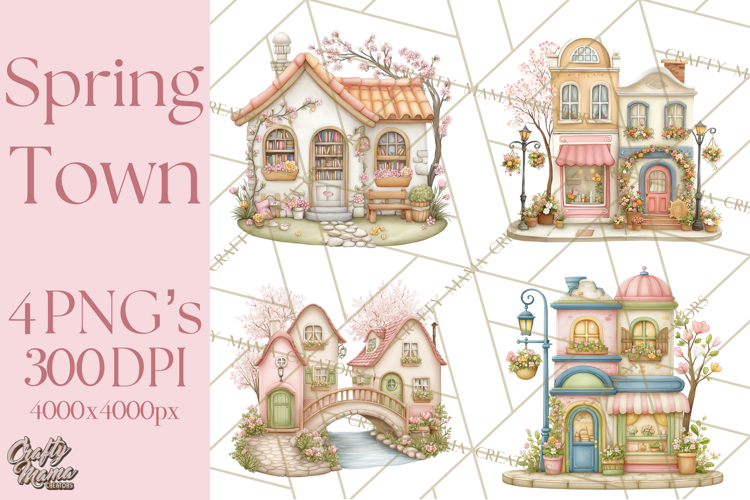 Watercolor Spring Town Clipart, Whimsical Pastel Village