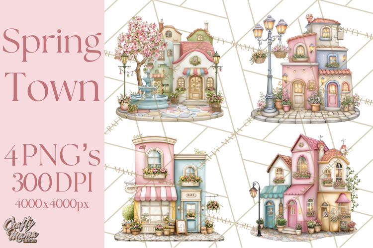 Watercolor Spring Town Clipart, Whimsical Pastel Village