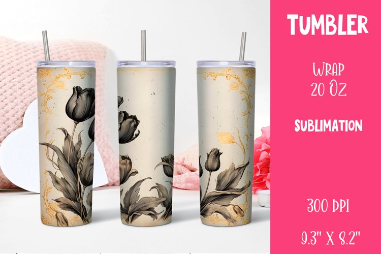 Wood Burned Tulip Tumbler | Sublimation 20 oz Skinny Tumbler