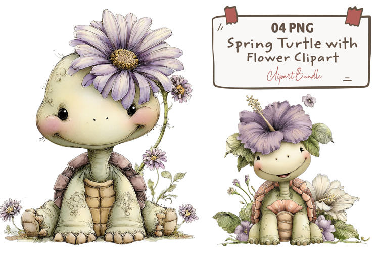 Spring Turtle with Flower Clipart