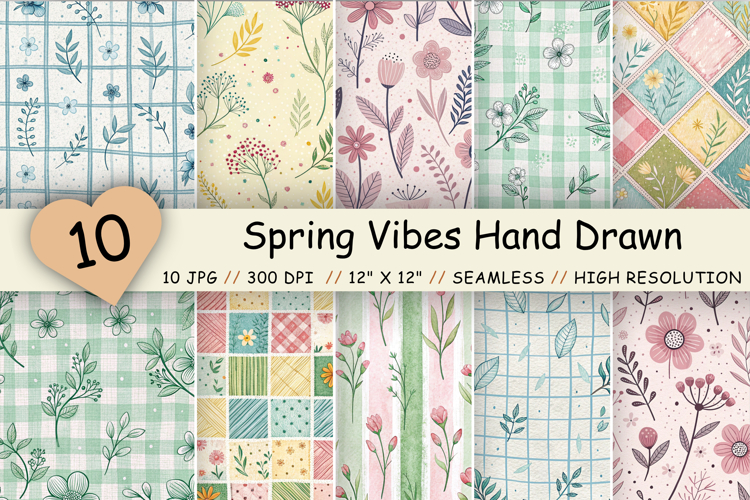 Spring Vibes Hand-Drawn Seamless Pattern, Pastel Pattern