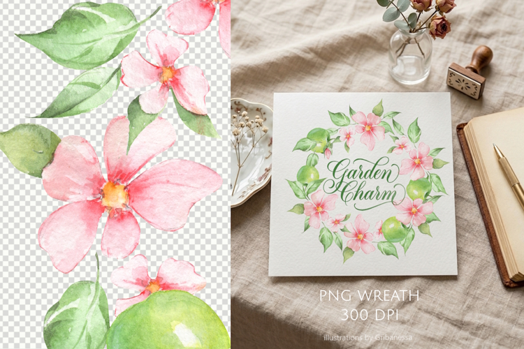Spring Watercolor Apple Blossom Floral Wreath
