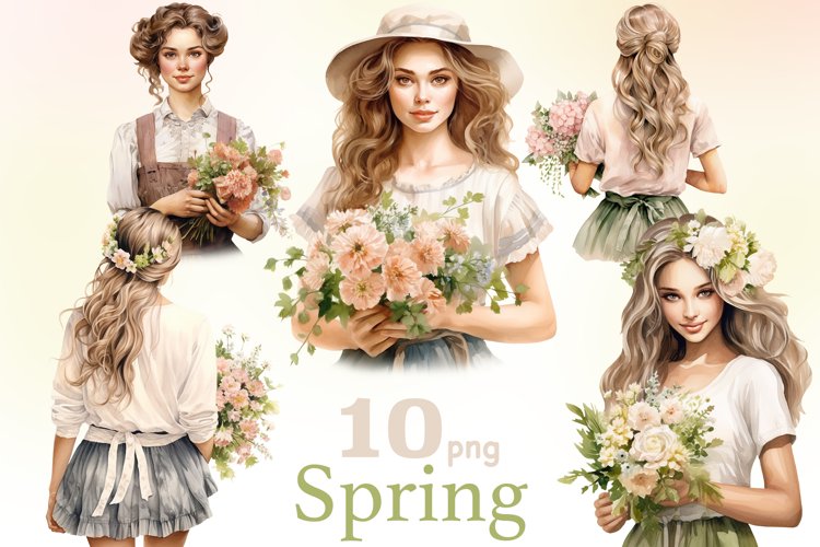 Spring Girl Clipart, Farmhouse Spring PNG Bundle, GlamArtZhanna, Country Woman Clipart Bundle, Farm Girl PNG, Spring Woman PNG, Girl With Flower Set, Spring Scrapbooking, Cottagecore Clipart, Spring Illustrations Set
