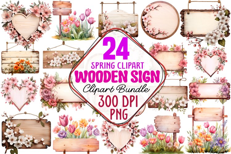 Spring Wooden Sign Clipart Bundle, Wooden Sign Clipart