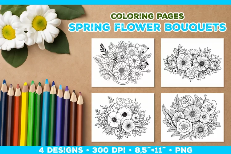 Spring floral bouquet coloring pages. Kids coloring books