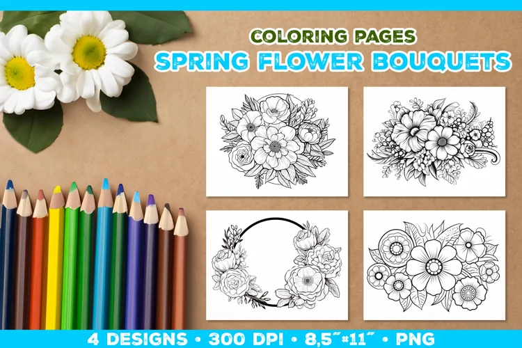 Spring floral bouquet coloring pages. Kids coloring books