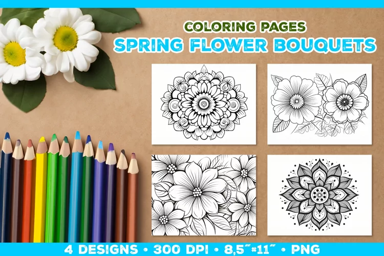 Spring floral bouquet coloring pages. Kids coloring books