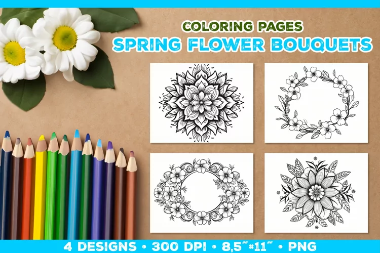 Spring floral bouquet coloring pages. Kids coloring books