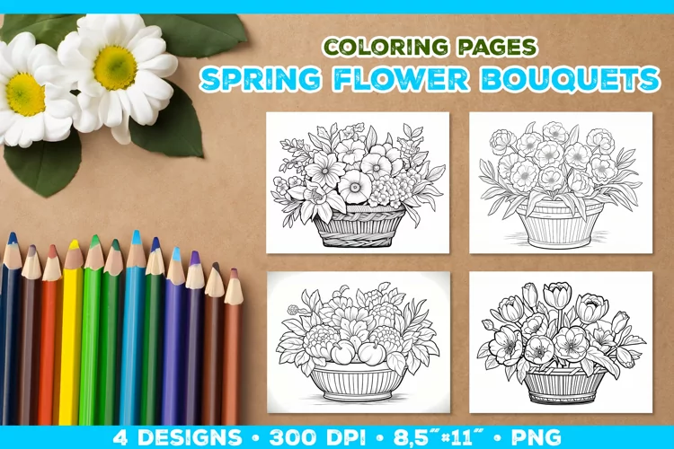 Spring floral bouquet coloring pages. Kids coloring books