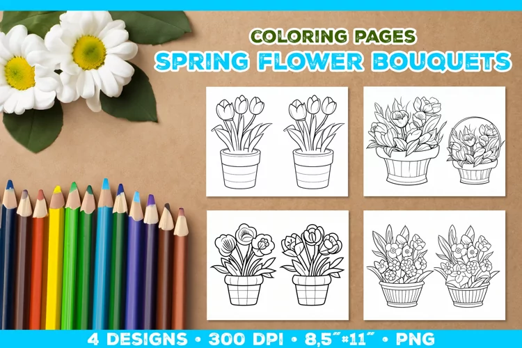Spring floral bouquet coloring pages. Kids coloring books